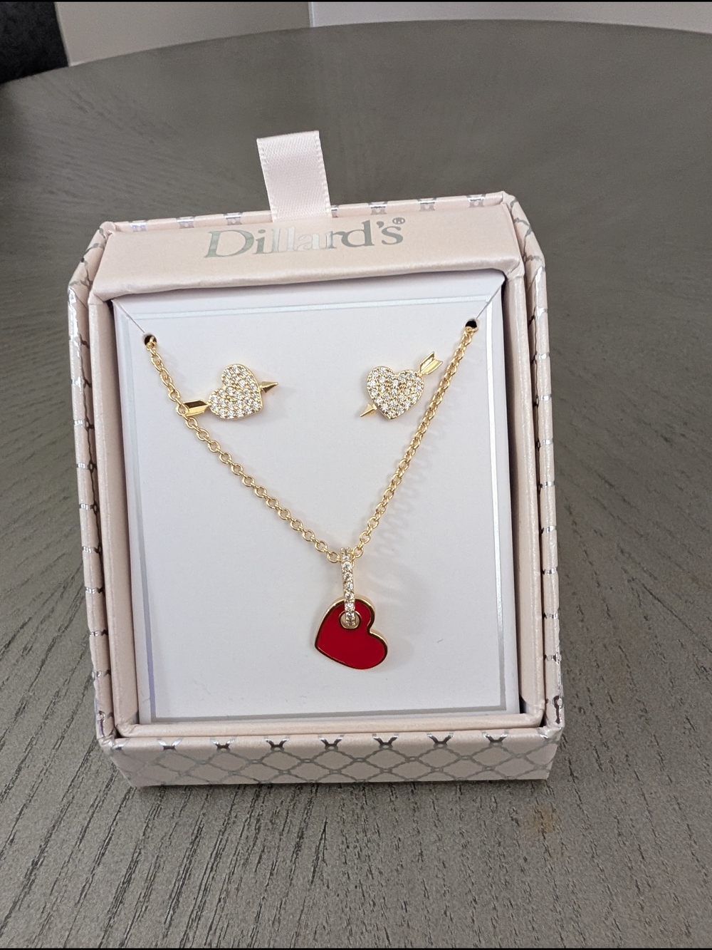Dillard's Gold-Tone Necklace & Earring Set with Red Heart Pendant